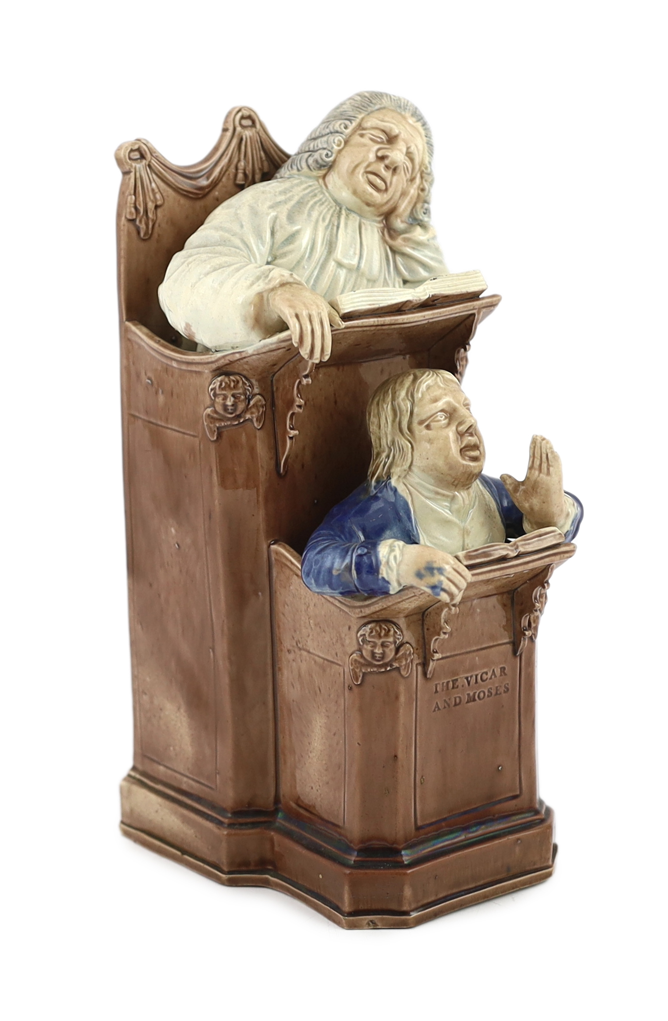 A Ralph Wood type creamware Vicar and Moses group, c.1790, hairline crack to back of pulpit